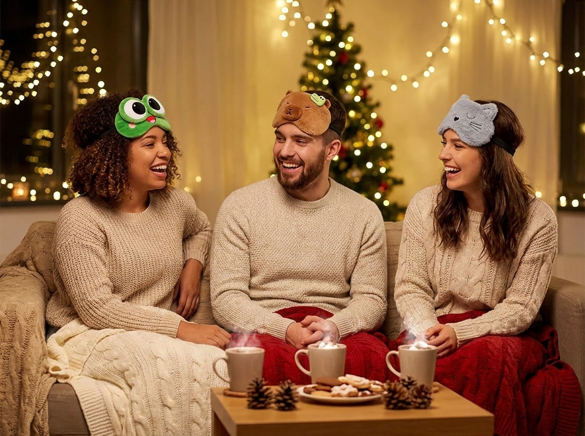 Three friends wearing critter sleep masks