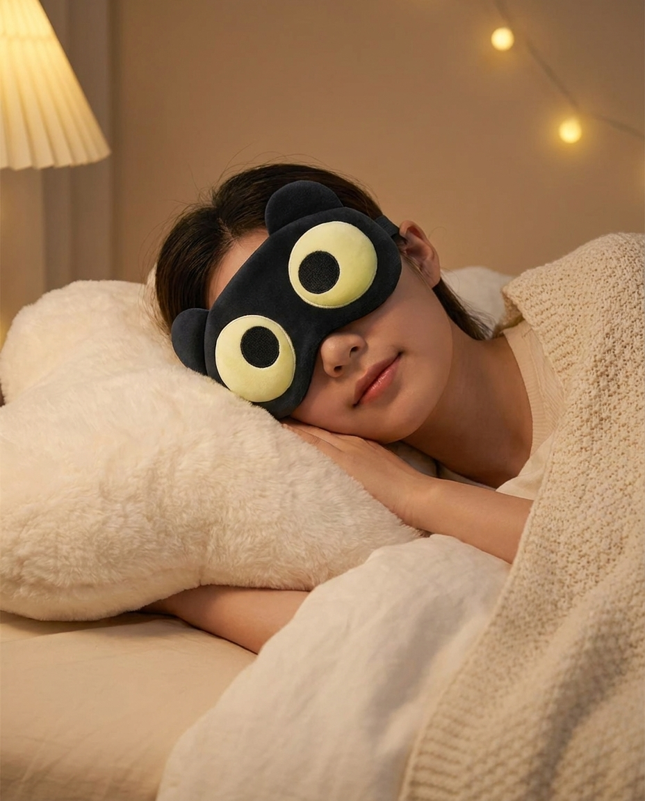 Bear plush sleep mask worn in bed