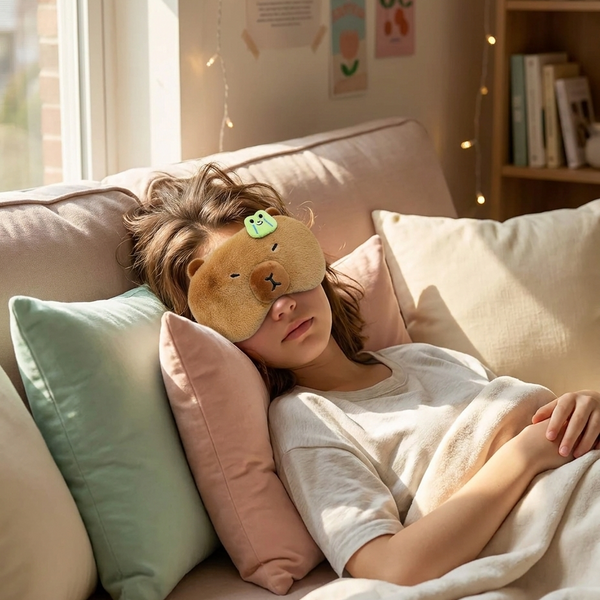 Capybara plush sleep mask worn while napping