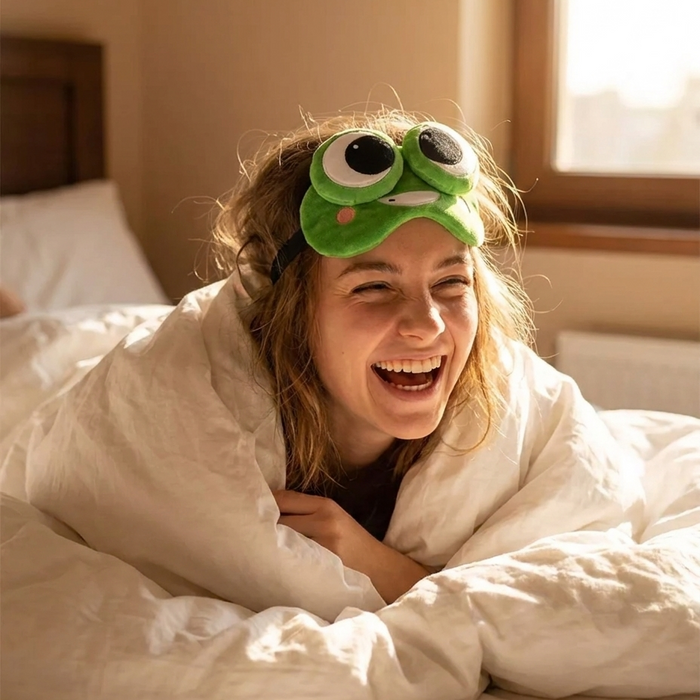 Frog plush sleep mask worn in bed
