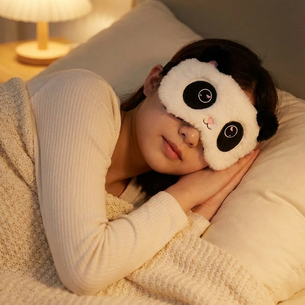 Panda plush sleep mask worn in bed